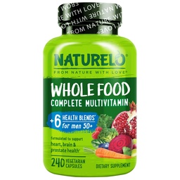 NATURELO Multivitamínico para Hombres 50+ - con Vitaminas, Minerales, Extractos Hídricos Orgánicos - Vegetariano Vegano - para Energía, Cerebro, Corazón y Ojo Salud - 240 cápsulas