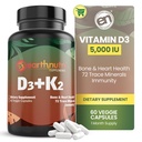 EarthNutri Vitamina D3 K2 Suplemento 5000 UI – Incluye K2 de MENA Q7, D3 de Vitashine, Calcio de Aquamin & 72 Trace Minerals – para Immune, Bone & Heart Health – Non-GMO – 60 Veg Capsules