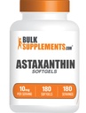 BulkSupplements.com Astaxanthin Softgels - Suplementos de Astaxanthin, Fuente Antioxidante - Gluten Free, 1 Softgel por Serving (10mg), 180 Conde (Pack of 1)