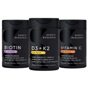 Investigación Deportiva Vitamina D3 5000iu K2 100mcg, Biotina Vegana 10.000mg con aceite de coco y vitamina C de alta potencia Suplemento 1000mg