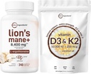 Micro Ingredientes Vitamina D3 10,000iu + K2 200mcg Aceite de coco Softgels &amp; Lions Mane Suplemento 240 Veggie Capsules Bundle 2 Pack ← Esencial Sunshine Vitaminas ← Superfood Mushroom Antioxidantes con L-
