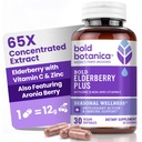 Bold Botanica Elderberry Plus - 65x Concentrated Black Elderberry Extract with Zinc &amp; Vitamin C for Daily Immune Support &amp; Seasonal Wellness - Non-GMO, 30 Vegan Capsules