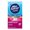 Alka-seltzer Plus Cough &amp; Sore Throat Fizzy Chews, No Water Needed, On The Go Sore Throat Relief for Adults, Raspberry Flavor, 24 Count