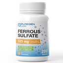 Laboratorios de puré Sulfato de ferroso 325 mg (65 mg de hierro elemental) Suplemento de hierro de alta potencia Silencio sin adición de color artificial - 200 tabletas hechas en EE.UU.