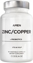 Amen Zinc &amp; Copper Suplemento + Probióticos, 3 meses de suministro, 1 por día - 50 mg Zinc Picolinate Vitamina Pills - Minerales Esenciales Suplementos – 2 millones de UF Probiótico – Vegano, No GMO, 90 cápsulas