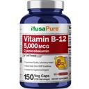 NusaPure Vitamina B12-5000 MCG 150 cápsulas vegetales (No-GMO, Vegan) - Max Strength Vitamina B12