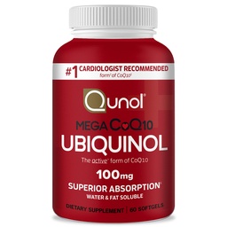 Qunol Mega Ubiquinol CoQ10 100mg, Superior Absorption, Patented Water and Fat Soluble Natural Supplement Form of C0Q10, Antioxidant for Heart Health, 60 Count Softgels