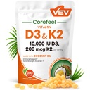 VEV Corefeel Vitamina D3 K2 10,000 UI, 200 mcg MK-7, 300 Coconut Oil Softgels, 2 en 1 Vitaminas Suplemento D & K (Incluir MK7), Fácil de Tragar, soporta la absorción de calcio, Bone Health