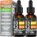 (2 Pack) Vitamina Orgánica D3 K2 gotas con aceite MCT Omega 3, 5000 UI — Líquido D3, No Fillers, No GMO, Apoyo Inmunitario (Desarrollado, 2 Fl Oz)
