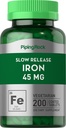 Piping Rock Iron Suplemento 45 mg  200 Tablets  durable for Women ' Men TEN Slow Release Ferrous Sulfate ← Vegetarian, Non-GMO &amp; Gluten Free