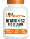 BulkSupplements.com Riboflavin Capsules - Vitamina B2 400 mg, Riboflavin 400mg - Esencial B Vitamina, Gluten Gratis, 1 cápsula por Serving, 180 cápsulas (Pack of 1)