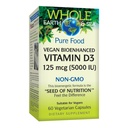 Factores naturales enteros de la Tierra &amp; Sea Vitamin D3 125mcg (5,000 UI), Vegan Bioenhanced, 60 cápsulas vegetarianas