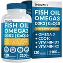 4-en-1 Aceite de pescado Omega 3 Suplementos grasos (2100mg) - Omega 3 Aceite de pescado con vitaminas D3 K2 y CoQ10 - Limón Flavored (120 softgels)