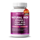 Hierro orgánico de alta potencia con vitamina C, ácido fólico - Fórmula de alta absorción Vitamina B1, Vitamina B6, Vitamina B12 - Soporte Sangre Edificio - 150 Conde - Hecho &amp; Tested in The USA