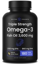 Triple Fuerza Omega 3 Fish Oil 3600 mg TENIDO EPA & DHA TEN 180 Softgels TENIDO Burpless Fish Oil Suplemento, Wild Caught TEN Durante 2100mg Omega-3 Fatty Acids Suplementos TEN Natural Lemon Flavor Omegas 3 Píldoras