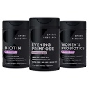 Suplemento Primrose de investigación deportiva de aceite prensado frío, biotina vegana 10.000 mg con aceite de coco " Probióticos de mujeres con prebióticos, 65 millones CFU