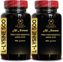 L-LYSINE 500 - Suplemento de vitamina Aminoácidos, suplementos de energía de la menopausia para las mujeres, suplemento de aminoácidos de forma gratuita, promueve la integridad de la piel y los labios - 2 botellas 200 condes