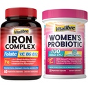 Suplemento de hierro para hombres y mujeres, con vitaminas C, B6, B12 &amp; Folate+Vitalibre Probióticos femeninos 100 millones de millones de UF, 15 Strains, w/Prebiótico, arándano, vitamina B6 &amp; VC,