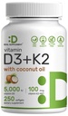 SUPPLEMENTO DEAL Vitamina D3 5,000 UI + K2 MK7 100mcg Softgels TENIDO Complejo 2-en-1 con aceite de coco virgen TENIDO Apoyo Corazón, Hueso, Tientes &amp; Salud Inmune TENIDO Fácil de Tragar