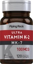 Piping Rock Vitamina K2 MK7 TEN 100 mcg TEN 120 Softgels TEN NO GMO, Gluten Suplemento Gratis