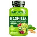 Complejo NATURELO Vitamina B con Metil B12, Folato de Metil, Vitamina B6, Biotin Plus Choline, CoQ10 y Fruit &amp; Vegetable Blend - Soporta Energía y estrés saludable Respuesta - Vegan - 120 cápsulas