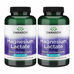 Lactato de magnesio Swanson - Suplemento Mineral Promoción de la Salud Musculo y Hueso - Forma Mineral Lactate Libre de Lactosa para Absorción Gentil - (120 cápsulas, 84 mg cada uno) 2 Pack