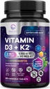 Vitamina D3 K2 - 5000 iu Vitamina D3 &amp; 100 mcg Vitamina K2 (MK-7) Complejo para soporte inmunitario - Bono, dientes &amp; Muscle Health Support - Berry Chewable, Gluten Free, Non-GMO, Botellado en EE.UU. - 60 Tabletas