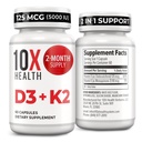 10X Health Vitamin D3 5000 UI & K2 MK7 - Menaquinone 7, High-Potency D3 K2 Vitamin Supplement for Bone Health, Heart and Teeth - 125 mcg Vitamina D & 90 mcg Vitamina K2-60 cápsulas
