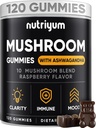 Mushroom Gummies 10 Blend 120 pcs - Lions Mane, Ashwagandha, Turquía Tail, Cordyceps, Chaga, Reishi Mushroom Complex - Mushroom Supplement for Immune, Energy, Clarity & Cognitive