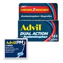 Doble acción Advil con acetaminofén e Ibuprofeno (2 Dose Equivalent) Por 8 horas de alivio de dolor, Coated 144 Ct Caplets y 2 Ct. Muestra de Advil PM