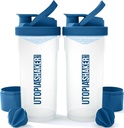 Utopia Home Shaker Bottle 2 Pack - 24 Ounce Plastic Protein or Cocktail Shaker Bottle for Pre &amp; Post workout with Twist & Lock Protein Box Storage (Clear/Navy)