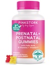 Pink Stork Fertilidad + Prenatal + Postnatal Gummy Vitaminas – Full Motherhood Journey Support – Multivitamin with Folate, B Vitamins, Zinc & Biotin – 60 surtidos de frutas