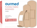 Bandas adhesivas de tela flexibles,60 Cuenta, Banda gratuita de primeros auxilios de látex con Pad para el cuidado de heridas, cortes, rayas, ampollas, tamaños surtidos
