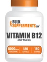 BulkSupplements.com Vitamina B12 5000 mcg Softgels - Cianocobalamina, Suplementos de vitamina B, B12 Vitaminas Pills - Gluten Gratis, 1 Vitamina B12 Softgel por Serving, 180-Day Supply, 180 Softgels