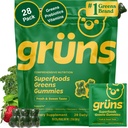 Gruns Adult Super Greens Multivitamin Gummies, Superfood Gummy Vitaminas para Mujeres y Hombres con Spirulina, Clorella, Adaptógenos " Prebiotic Fiber for Digestive Health (28 Conde)