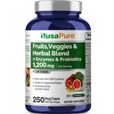NusaPure 43 Frutas y verduras Herbal Blend, 11 Enzymes & Probióticos, 1200 mg, 250 cápsulas vegetales (No GMO, Vegan)