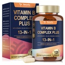 Complejo de vitamina B 13 en-1 con vitamina B1, B2, B3 (Niacinamide), B4, B5, B6, B7 (Biotin), B8 (Inositol), B9 (Folate), B12, C, D3, K2 - Energía, Nerve, Immune, Skin Support - 120 cápsulas Vegan