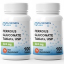 Puregen Labs Ferrous Gluconate 324 mg [High Potency] Iron Supplement, Gentle on Stomach ← 2 Pack - 200 Tablets Total