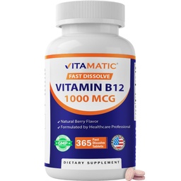 Vitamatic Vitamina B12 1000 mcg Fast Dissolve – 365 Tablets – Natural Berry Flavor – Apoya el metabolismo energético " Nervous System Health