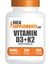 BulkSupplements.com Vitamina D3 + K2 5000 U Softgels - D3 K2 Suplemento, para Immune Health - Gluten Free, 1 Softgel por Serving, 365 Conde (Pack of 1)