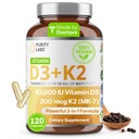 Laboratorios de pureza Vitamina D3 K2 10000 UI, (250mcg) D3 + 200mcg K2 MK7 - Suplemento de apoyo inmunitario mejorado con bioperina - Suplementos para la defensa diaria, bonificación, salud muscular - 120 cápsulas